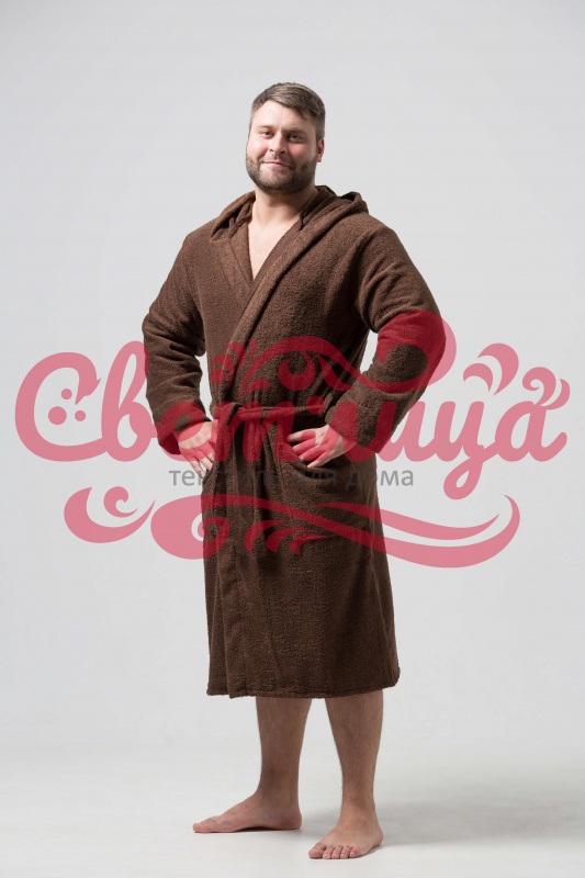 Мужской классический махровый халат с капюшоном (Кофе)